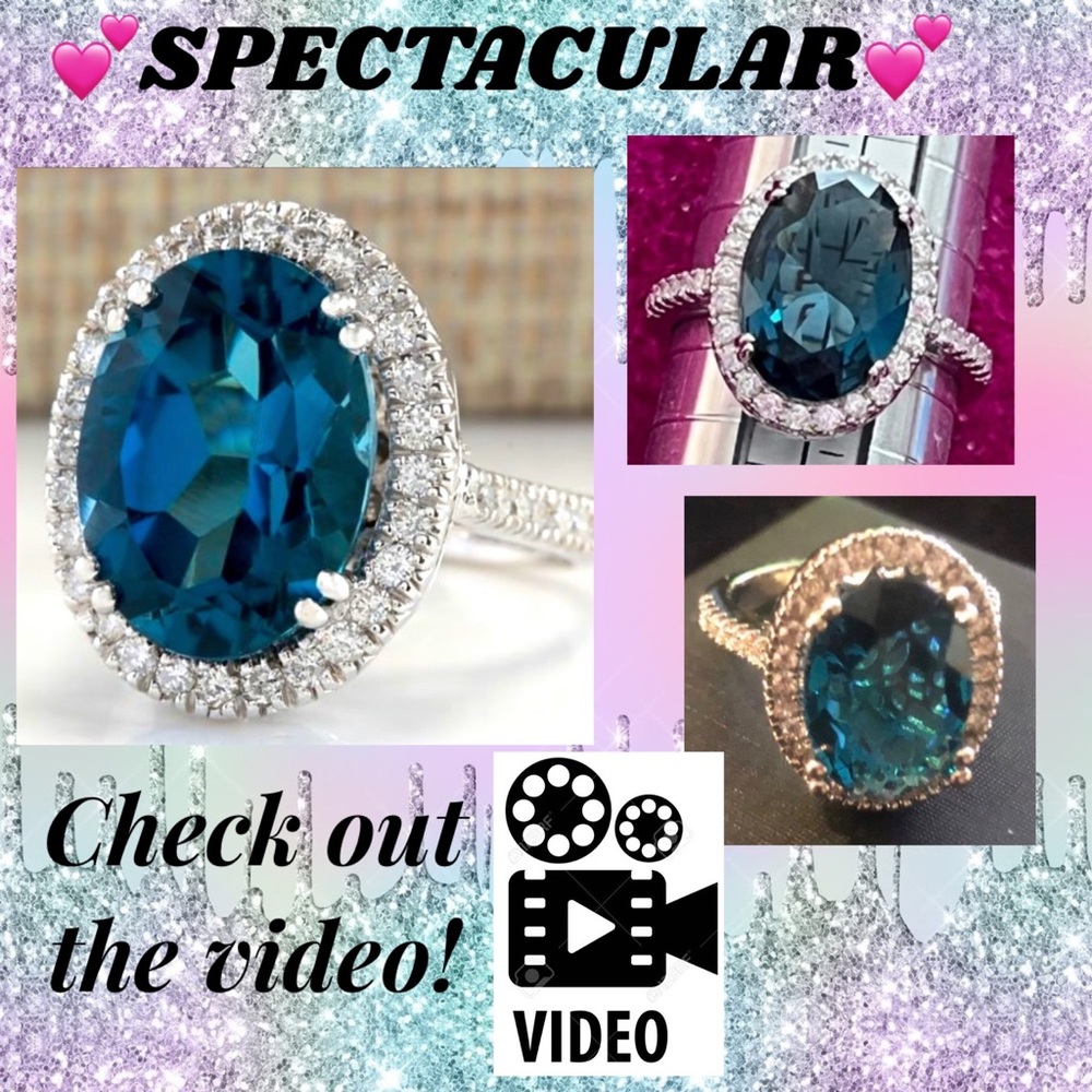 GORGEOUS London Blue Topaz Oval Statement Engagement Ring size 8 NEW